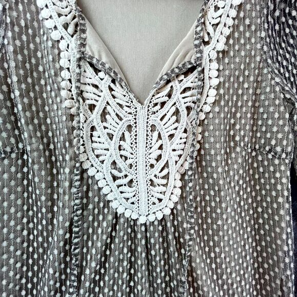 A'reve Dress Small Grey Sheer Lace Coquette Ruffle Hem Boho Tie Neck Demure - Picture 5 of 9